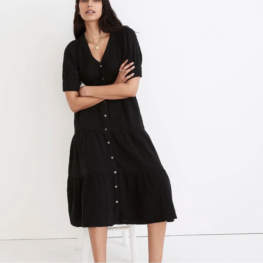 MADEWELL Lightspun Button-Front Tiered Midi Dress Black Sz 6
